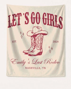 Bachelorette party banner for a Nashville country western weekend, vintage western style with cowboy boot and hat motifs. Customizable with bride name, year, and destination city.