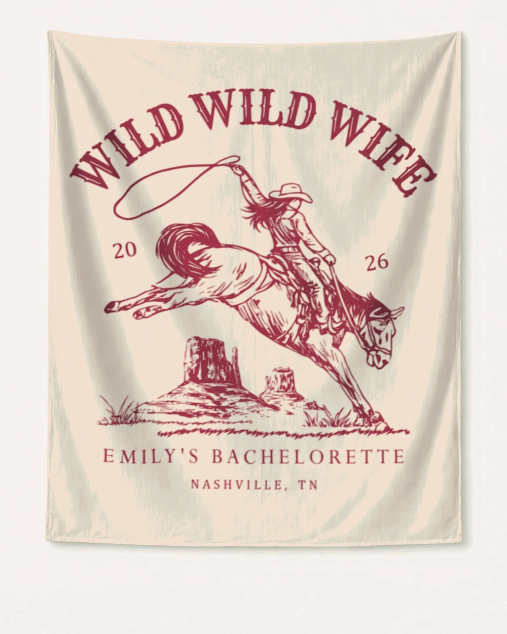 Bachelorette weekend party banner with vintage western Wild Wild Wife design. Personalized with bride name, date, and destination city for Nashville or any rodeo-themed celebration.