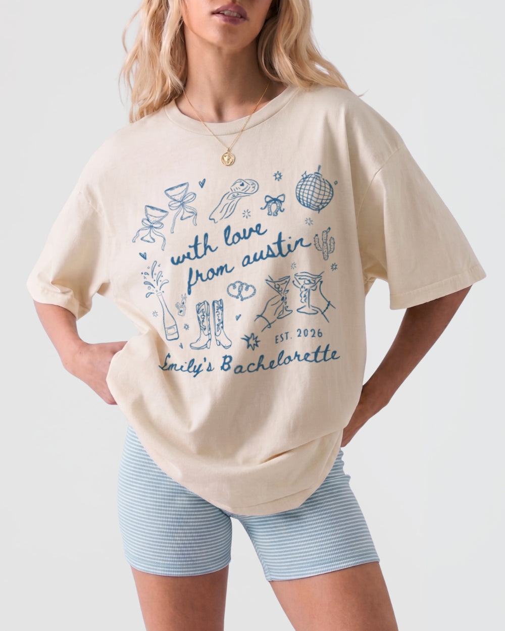 Whimsical line-art doodle bachelorette tee with script typography for the Austin girls trip. Personalized with bride name, party year, and city for the full crew.