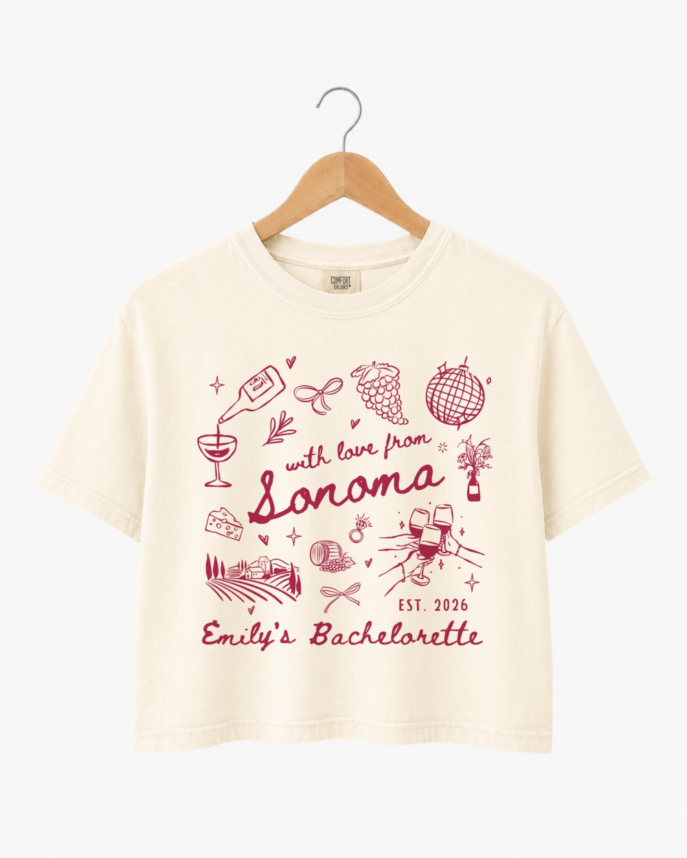 Custom Sonoma crop top for wine bachelorette parties and bridal crew outfits