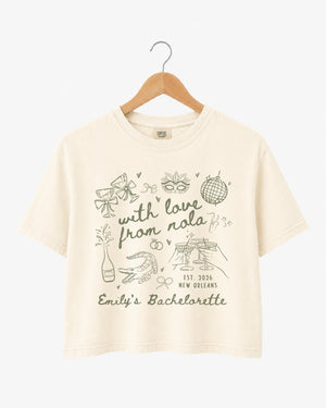 With Love from Nola Crop Top Personalized Mardi Gras bachelorette crop tee with NOLA design for bride weekend photos