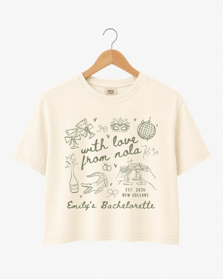 With Love from Nola Crop Top Personalized Mardi Gras bachelorette crop tee with NOLA design for bride weekend photos