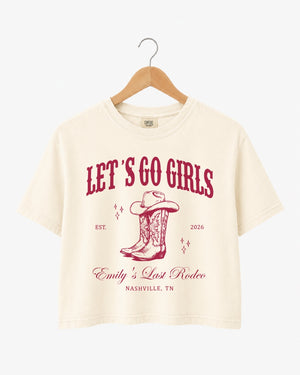 Bachelorette rodeo weekend crop top for the bride and her crew, vintage western script with cowboy boot art. Personalized with bride name, year, and city for any last-rodeo destination.