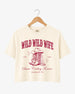 Bachelorette weekend crop top with vintage western art and cowgirl bride theme, Wild Wild Wife script. Personalized with bride name, year, and destination city for the Nashville or any-city bach crew.