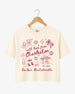 Bachelorette weekend crop top with hand-drawn doodle script and playful icons for the Charleston bride and her crew. Personalized with bride name, destination city, and year.
