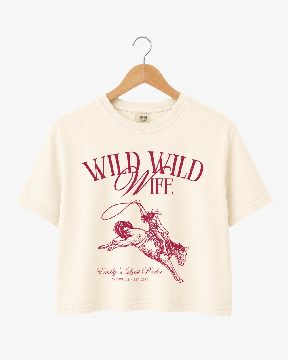 Bachelorette weekend crop top with vintage western illustration and script typography. Last rodeo theme for the bride and her crew, with bride name, date, and city customizable.