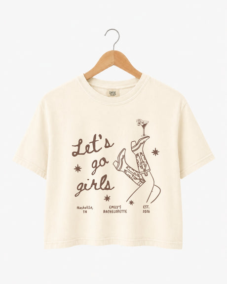 Girls night out crop top with vintage line-art illustration of boots and martinis, script lettering for the whole crew. Perfect for bachelorette parties, girls trips, and nights out on the town.