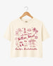 Bachelorette weekend crop top with playful line-art doodles and hand-drawn script, made for the bride and her crew. Personalize with bride name, destination, and EST year for the whole party.