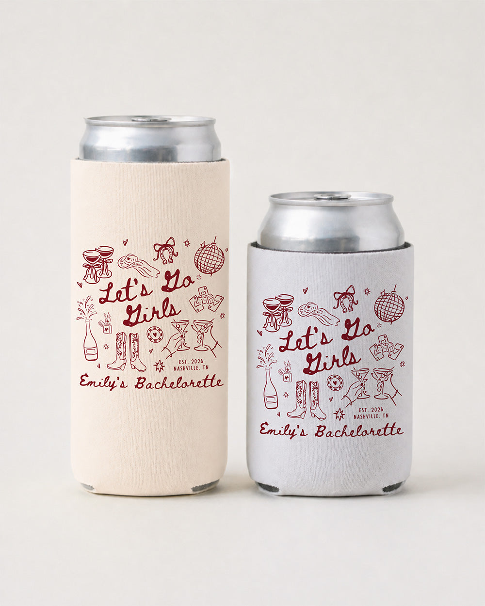 Matching can coolers for the bachelorette crew with whimsical line-art script and a woods-weekend theme. Personalized with bride name and weekend details for the whole party.
