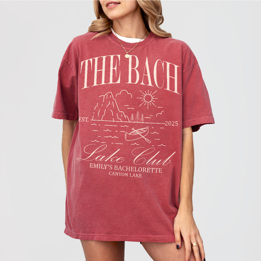Crimson cotton personalized shirt for bachelorette parties with a lake, hiking, or camping theme, perfect for the bride's cabin crew or mountain bach party.