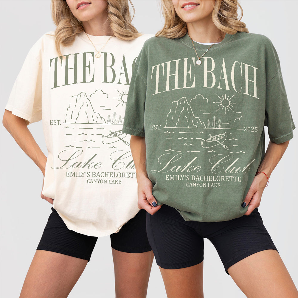 Matching bachelorette crew shirts with mountain lake cabin theme for hiking and kayaking bach party trip or camping weekend