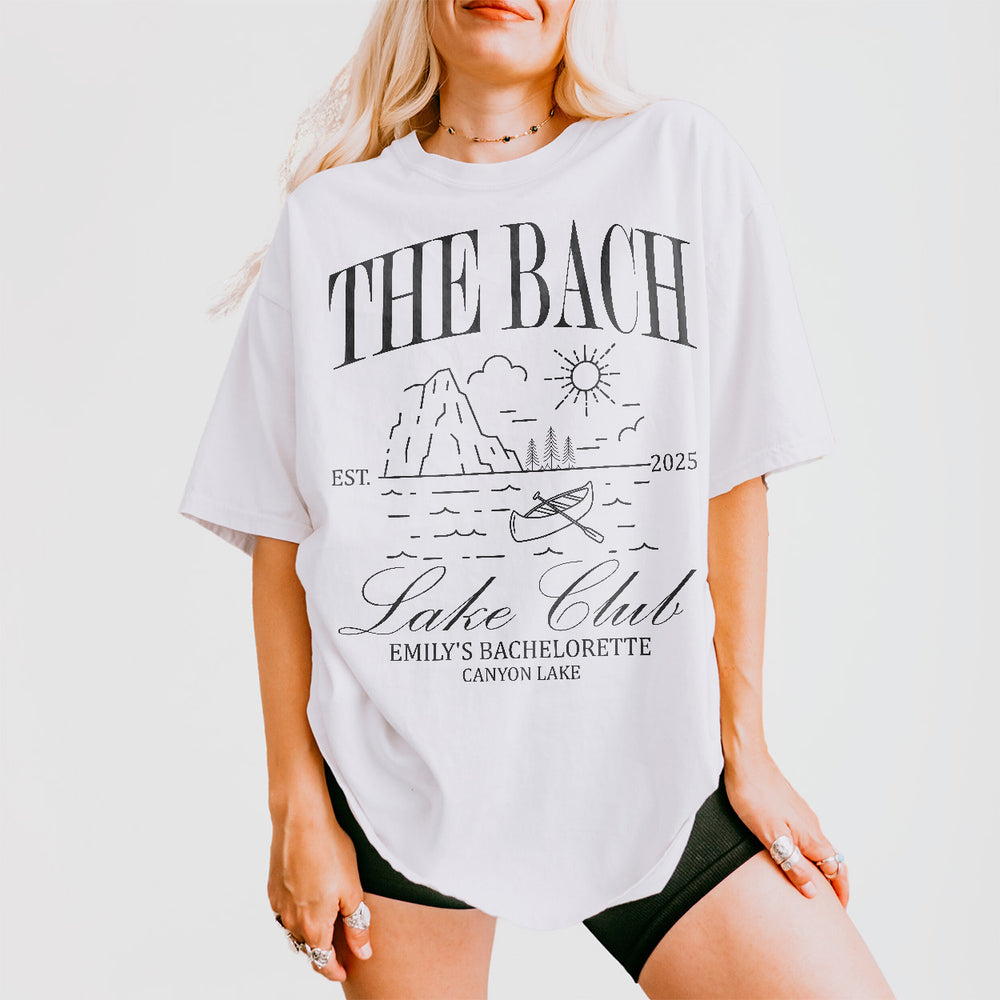 White cotton shirt perfect for a bachelorette weekend at the lake, cabin, or mountain with hiking, kayaking, and camping themes.