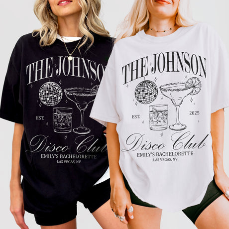 Matching luxury bachelorette shirts for the bride's social cocktail club bach trip with custom disco designs - perfect wedding gift