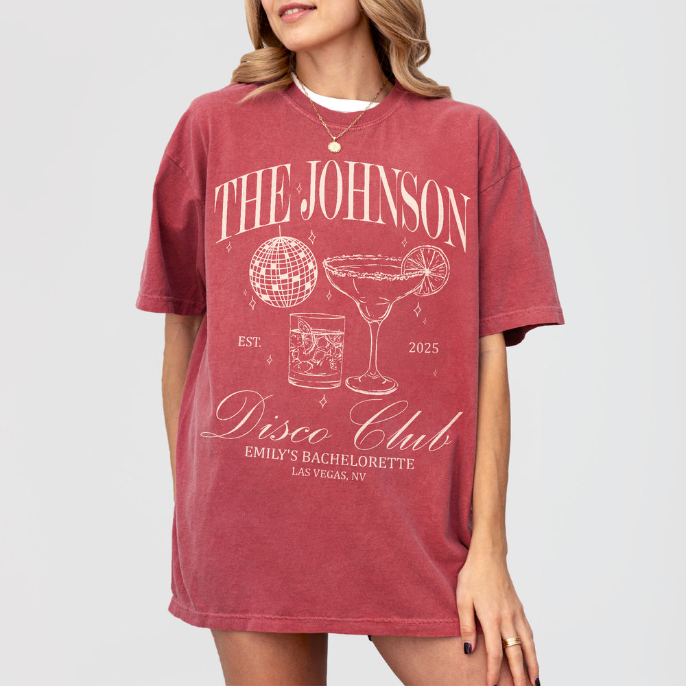 Crimson bachelorette party shirt with a retro disco design, perfect for the bride's last fling before the ring or a fun social cocktail club