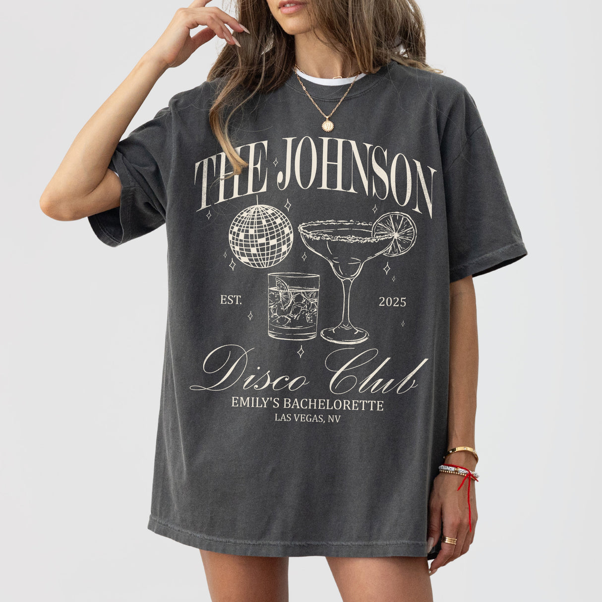 Pepper cotton bachelorette shirt with 'Last Disco' print, perfect for bachelorette parties, bridal showers, or bach trip merch