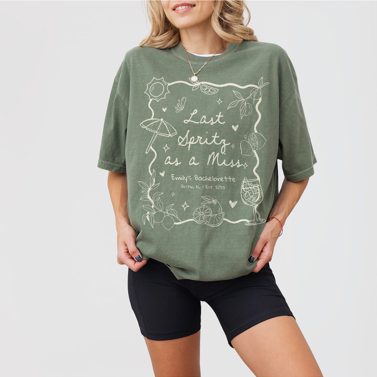 Last Spritz As A Miss Shirt Custom Aperol Spritz Bachelorette Party Shirts Let&#39;s Get Spritzy Hen Do Matching Outfits Sun Spritz Bride Tshirt - Moss Product Image