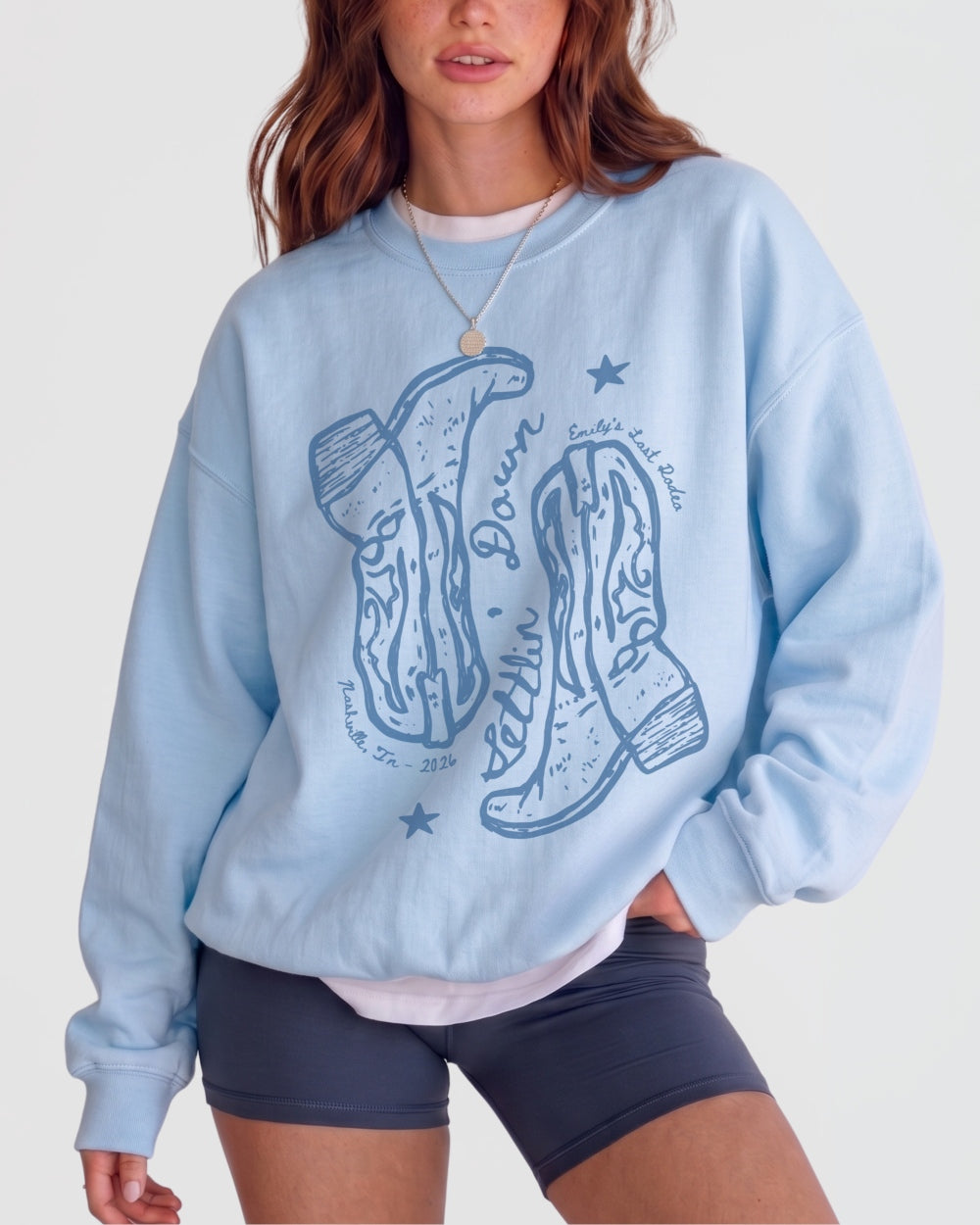 Settlin' Down & Saddlin' Up Cowgirl Boots Sweatshirt Light Blue