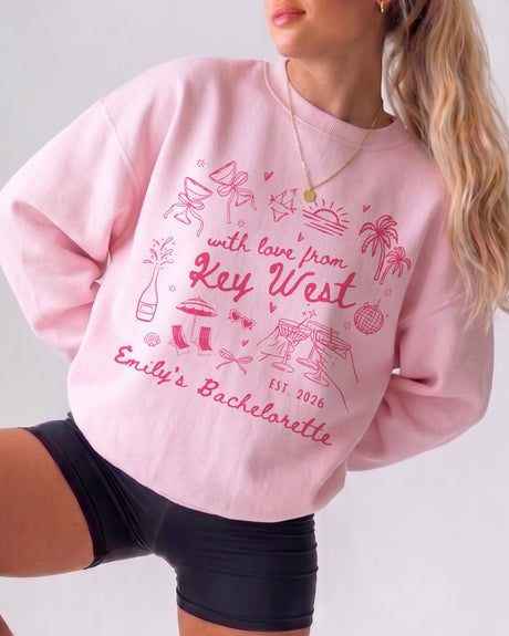 With Love from Key West Personalized tropical bachelorette sweatshirt with Key West design for bride weekend photos