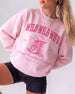 Bachelorette weekend sweatshirt with bold varsity western design, cowboy boots graphic, and country bride theme. Customizable with bride name, year, and destination city for the whole crew.