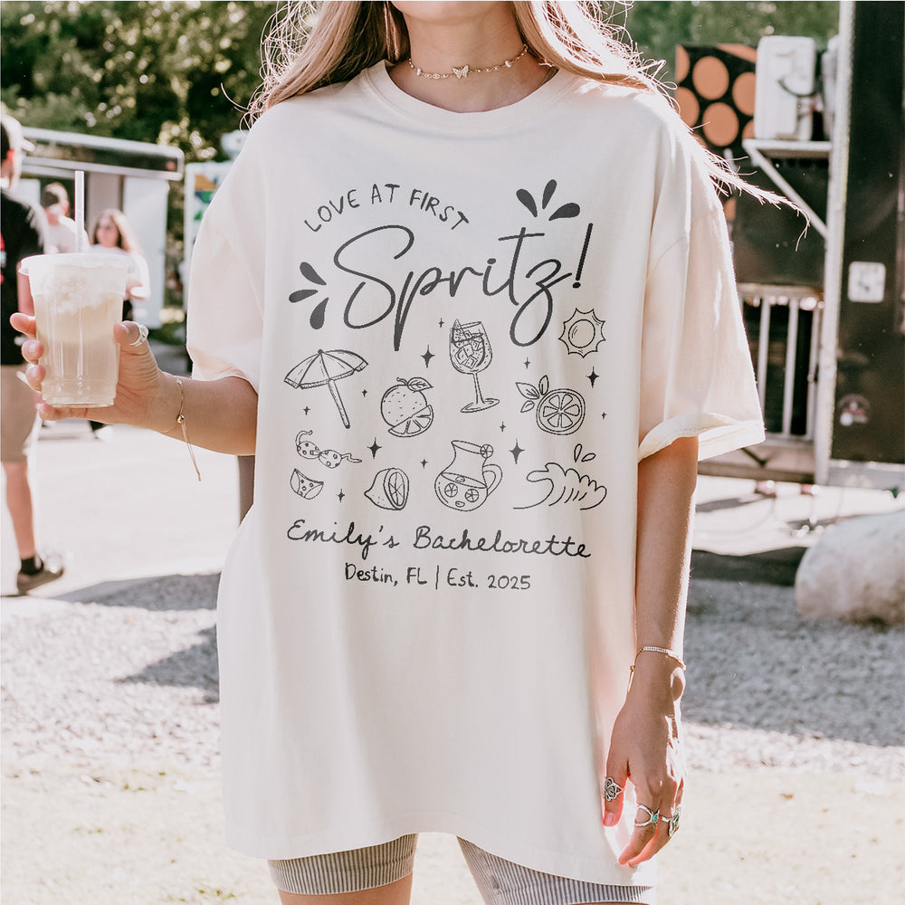 Love At First Spritz Bachelorette Party Shirt Comfort Colors Let&#39;s Get Spritzy Bach Matching TShirt Personalized Aperol Spritz Cocktail Club - lifestyle Image