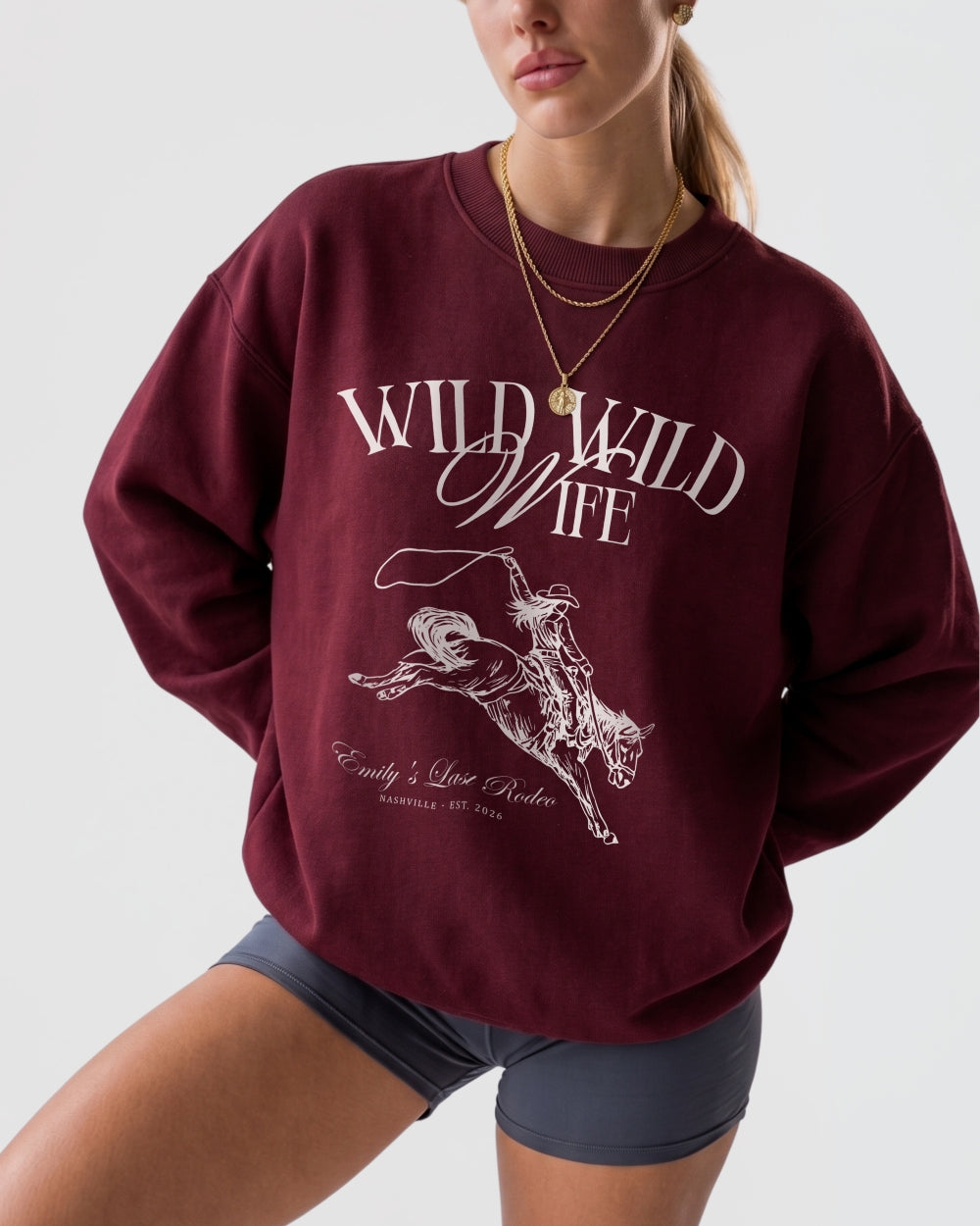 Personalized Wild Wild Wife country western bachelorette sweatshirt with bride name, location, and year customizable. Vintage rodeo theme for the whole bachelorette crew.
