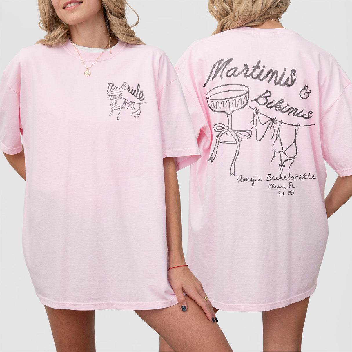 Soft pink cotton bachelorette shirt perfect for a beach weekend getaway with martinis and bikinis for the bride's girls trip