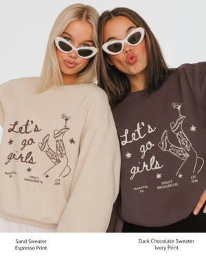 Personalized girls night out sweatshirt with hand-drawn script and minimalist line art. Custom text option makes it a fun gift for the crew heading out for a night on the town.