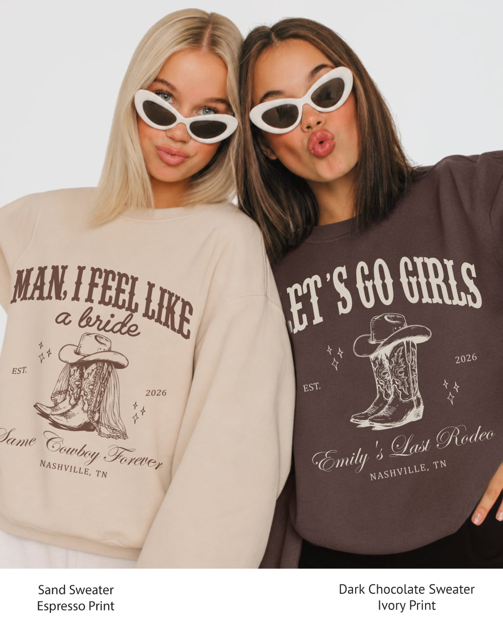 Personalized bachelorette sweatshirt with bride name, year, and destination city on a country western Last Rodeo theme. Bold pink serif type and cowboy boot art for the Nashville-bound bride squad.