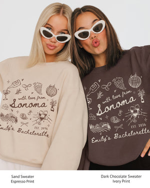 Personalized bride sweatshirt for wine themed bachelorette parties and matching group looks