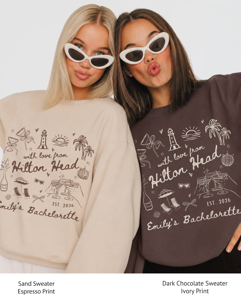 Personalized bachelorette sweatshirt with bride name, destination, and year on a whimsical illustrated design. Custom matching set for the whole crew, perfect for a Hilton Head girls weekend.