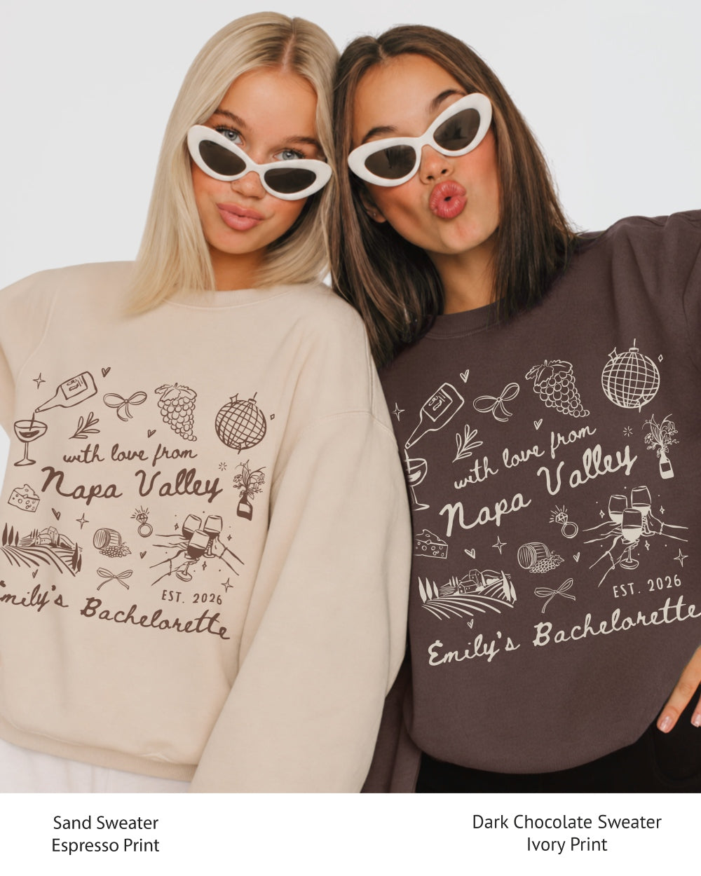 Personalized bachelorette sweatshirt with bride name, destination, and year on a Napa Valley wine country theme with whimsical line-art doodles and script lettering. Custom matching set for the whole crew.