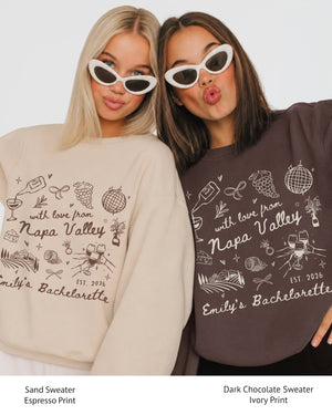 Personalized bachelorette sweatshirt with bride name, destination, and year on a Napa Valley wine country theme with whimsical line-art doodles and script lettering. Custom matching set for the whole crew.