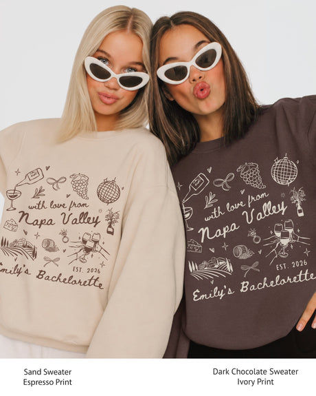 Personalized bachelorette sweatshirt with bride name, destination, and year on a Napa Valley wine country theme with whimsical line-art doodles and script lettering. Custom matching set for the whole crew.