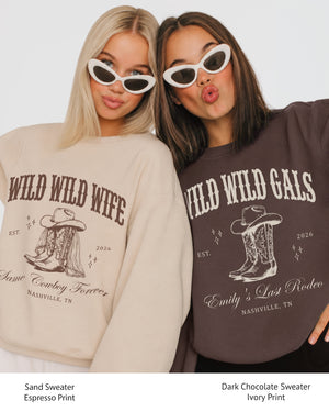 Personalized bachelorette sweatshirt with country western bride theme, vintage varsity lettering, and cowboy boots graphic. Custom name, year, and destination city for the whole Nashville bachelorette crew.