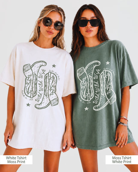 Personalized cowgirl bride tee with cowboy boot design for Nashville party photos