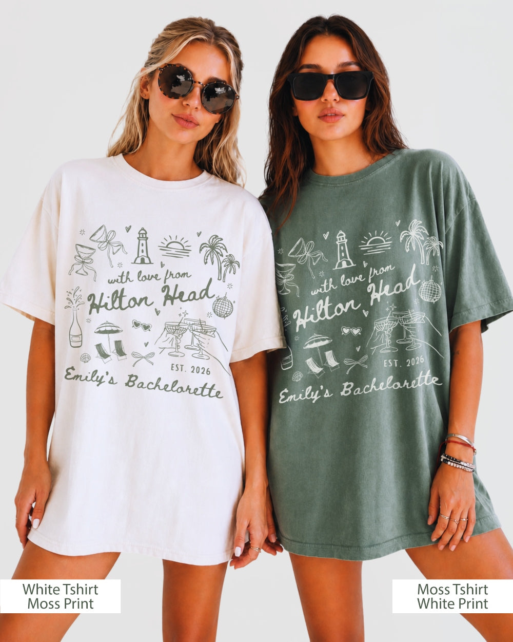 Gift idea for the bride squad: bachelorette weekend t-shirt with whimsical line-art doodles and script typography. Personalized with destination city, bride name, and EST year for the whole crew.