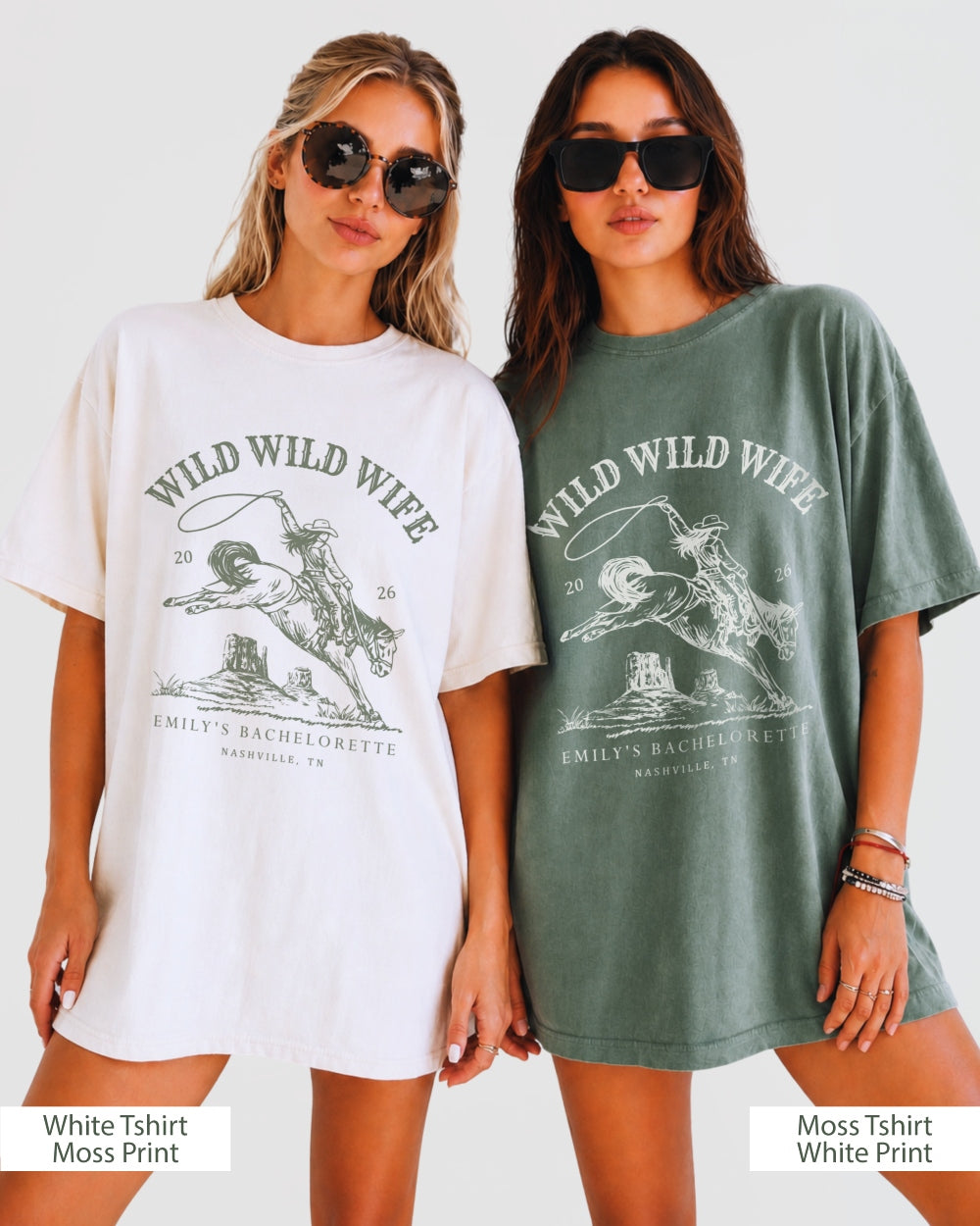 Bachelorette gift idea: Wild Wild Wife cowgirl tee with vintage western distressed art. Personalized with bride name, weekend destination, and city for the whole crew.
