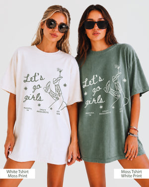 Gift idea for girls night out: Let's Go Girls vintage line-art tee with script lettering, cowboy boots, and martini graphics. Perfect for the bachelorette crew or a birthday girls trip.