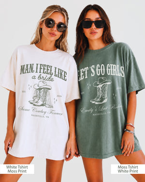 Gift idea for the bride-to-be: vintage western bachelorette tee with Last Rodeo script and Nashville destination. Personalize with bride name, date, and city for the whole crew.