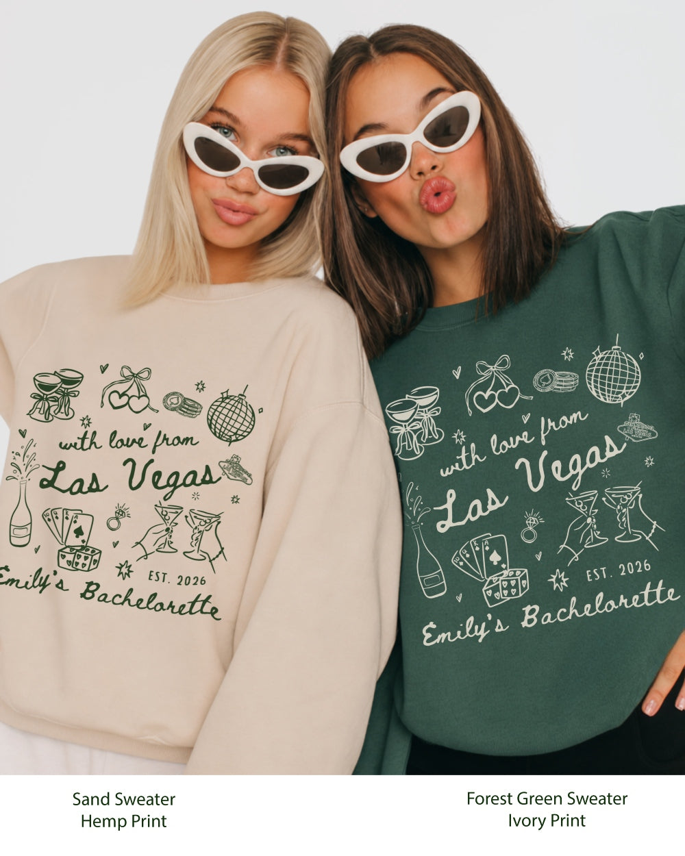 Gift idea for the Las Vegas bachelorette crew: playful doodle-art sweatshirt personalized with bride name, destination city, and EST year. Perfect for the whole party.