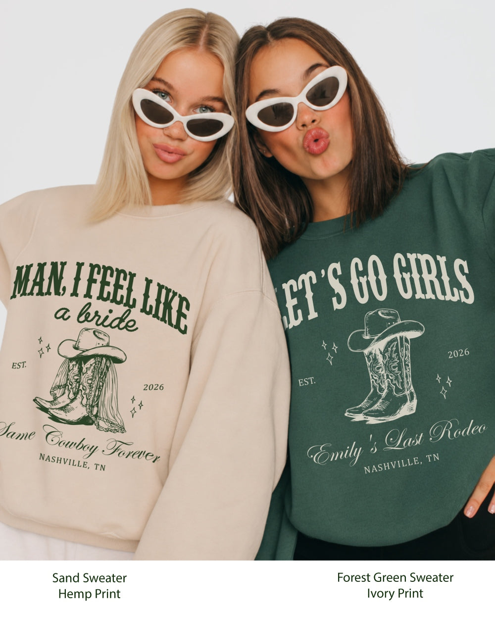 Gift idea for the bride squad: country bachelorette sweatshirt with vintage cowboy boot art and bold serif script. Personalized with bride name, year, and Nashville destination for the whole crew.