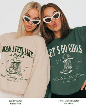 Gift idea for the bride squad: country bachelorette sweatshirt with vintage cowboy boot art and bold serif script. Personalized with bride name, year, and Nashville destination for the whole crew.
