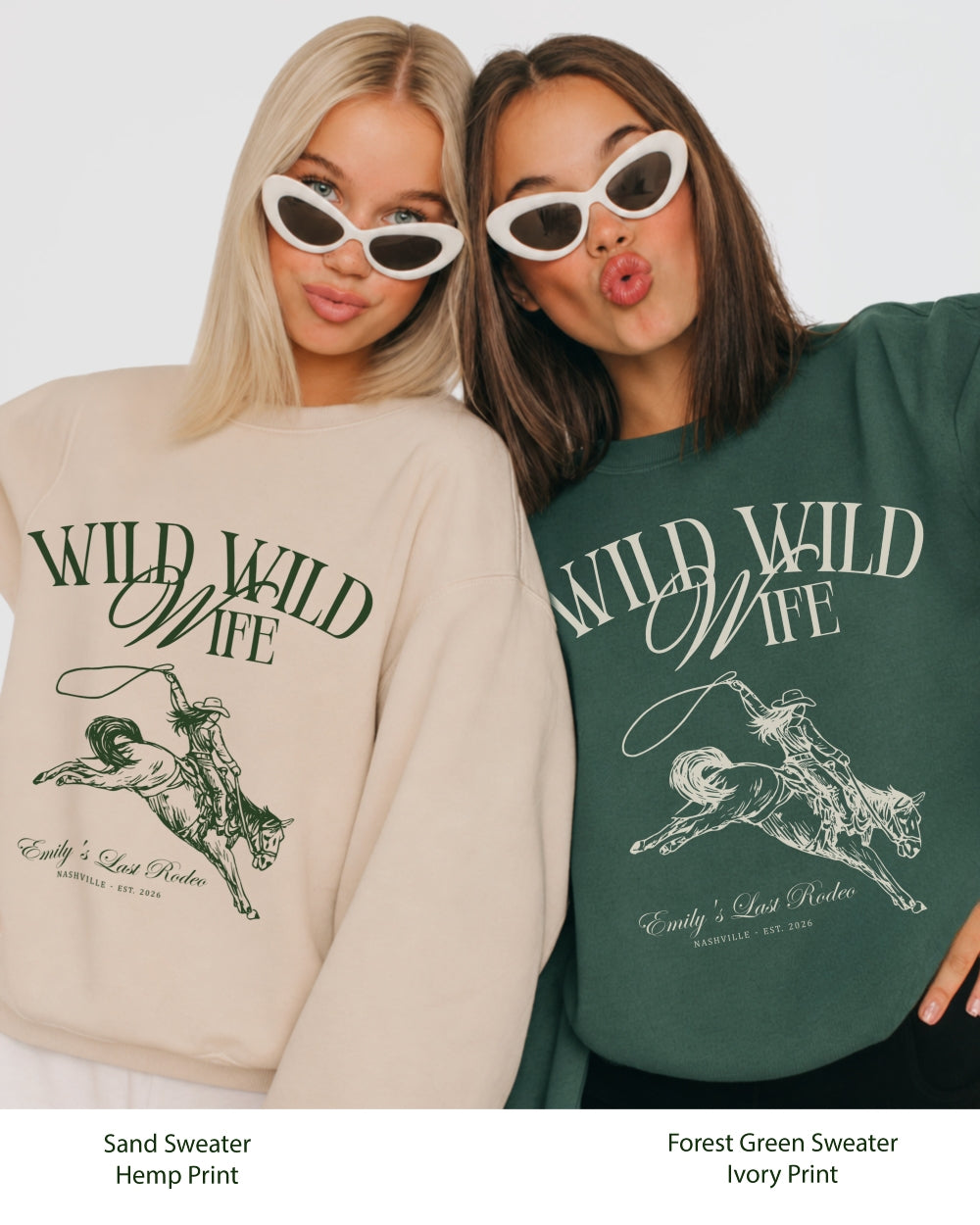 Gift idea for the country bride: Wild Wild Wife western sweatshirt with vintage rodeo illustration. Personalized with location and year for the bachelorette crew or bridal shower.