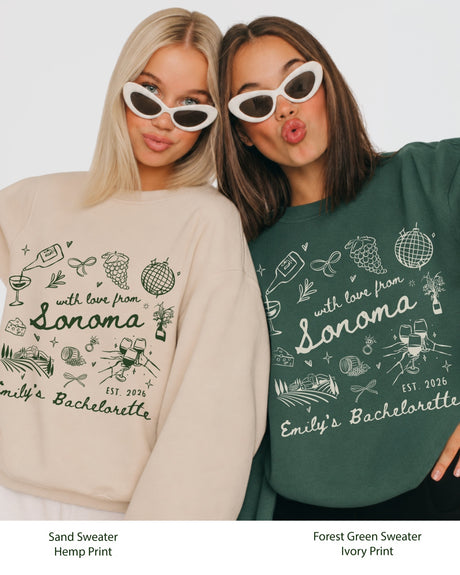 Matching bachelorette sweatshirt with custom wine country design for bride and bridal crew