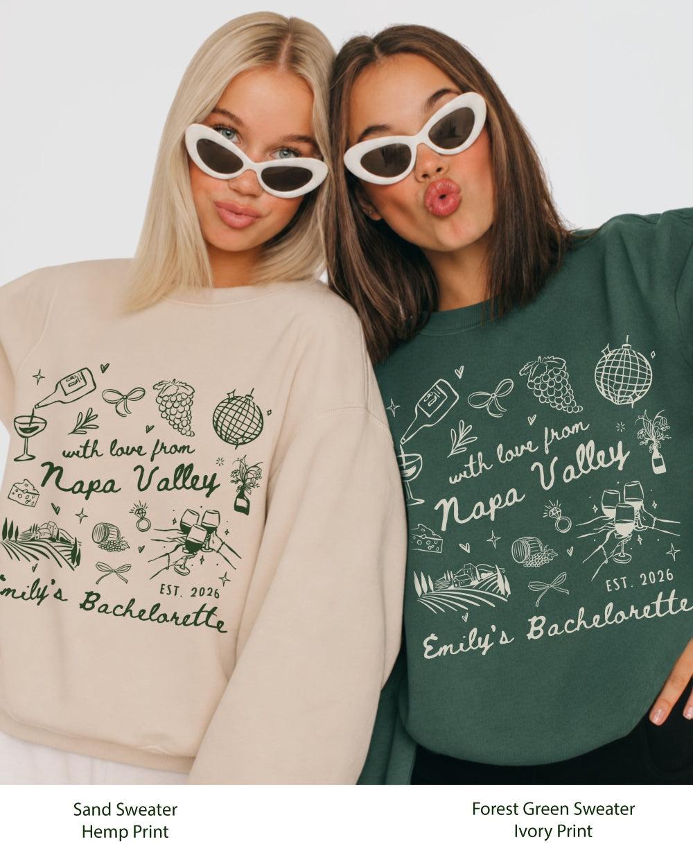 Gift idea for the bride-to-be: Napa Valley bachelorette sweatshirt with whimsical wine doodles and script lettering. Personalized with bride name, destination, and year for the whole crew.