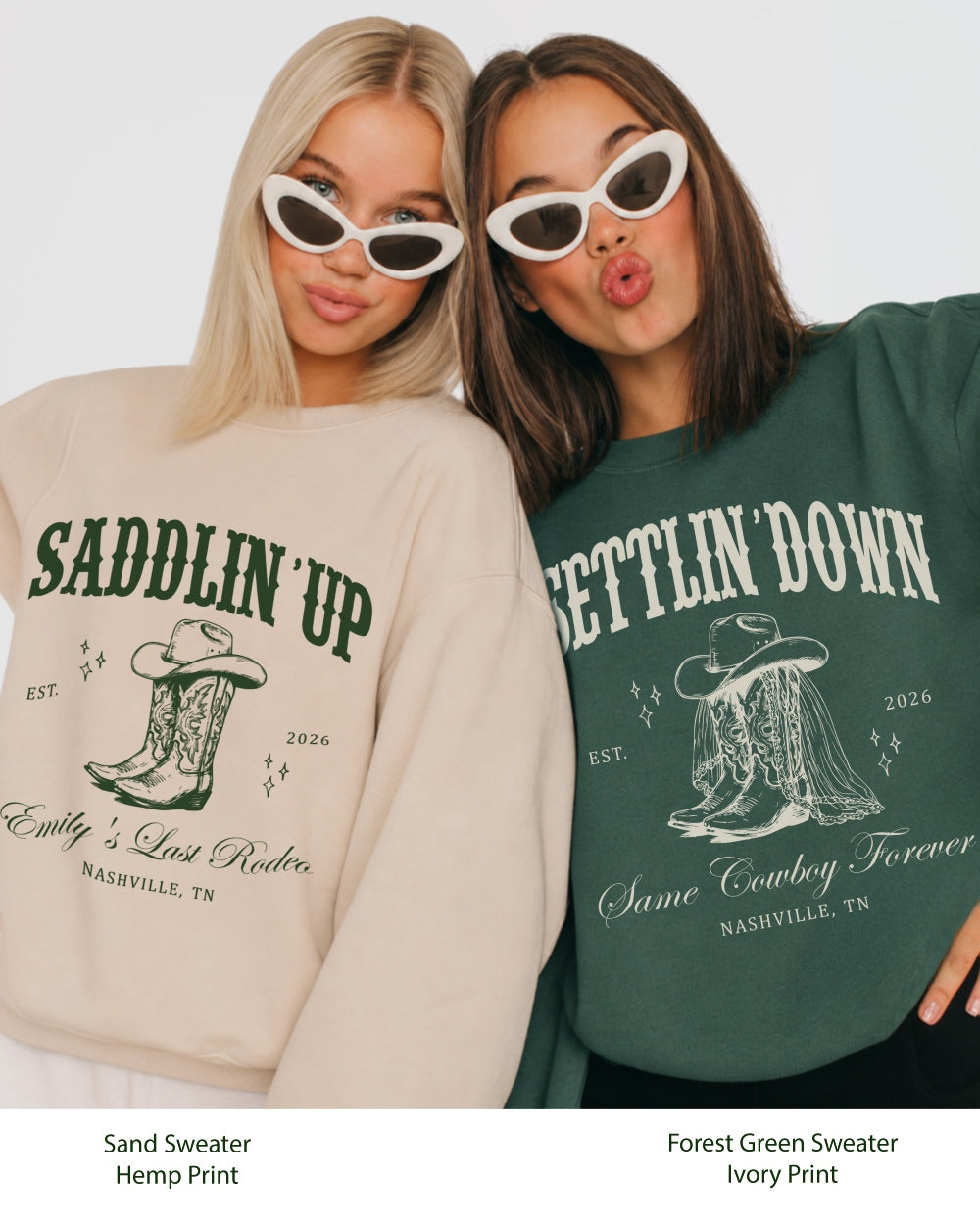 Gift idea for the bride squad: Saddlin' Up bachelorette sweatshirt with vintage western illustration. Personalized with bride name, party date, and destination city for the whole crew.