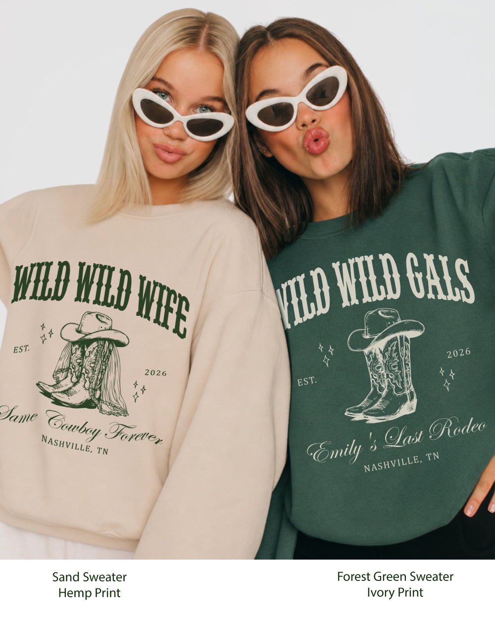 Gift idea for a country western bachelorette party: Wild Wild Wife sweatshirt with vintage varsity lettering and cowboy boots graphic. Perfect for the bride-to-be or her Nashville crew.