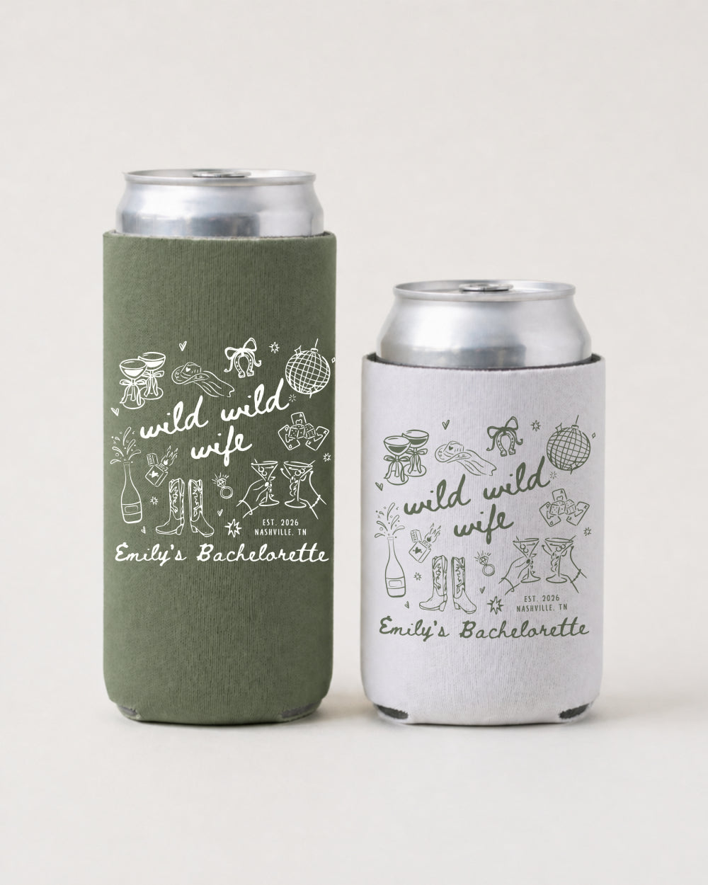 Slim can cooler for the bachelorette crew, whimsical line-art and script with bride name customizable for the weekend. Perfect for campfire hangs, trail walks, and outdoor bachelorette parties.