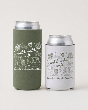 Slim can cooler for the bachelorette crew, whimsical line-art and script with bride name customizable for the weekend. Perfect for campfire hangs, trail walks, and outdoor bachelorette parties.