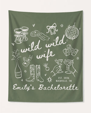 Matching bachelorette party banner for the Wild Wild Wife crew, hand-drawn doodle art with bride name, year, and destination city customizable for any weekend getaway.